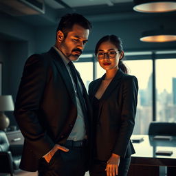 A mafia romance scene featuring a charismatic mafia boss with a rugged appearance, dressed in a tailored dark suit, exuding confidence and power
