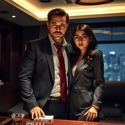 A mafia romance scene featuring a charismatic mafia boss with a rugged appearance, dressed in a tailored dark suit, exuding confidence and power