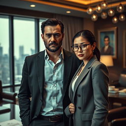 A mafia romance scene featuring a charismatic mafia boss with a rugged appearance, dressed in a tailored dark suit, exuding confidence and power