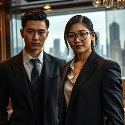 A young mafia romance scene featuring a youthful, charismatic mafia boss in a stylish black suit