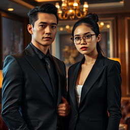 A young mafia romance scene featuring a youthful, charismatic mafia boss in a stylish black suit