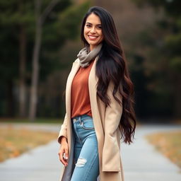 A beautiful 37-year-old woman of Polish descent, standing full-length, wearing stylish clothing
