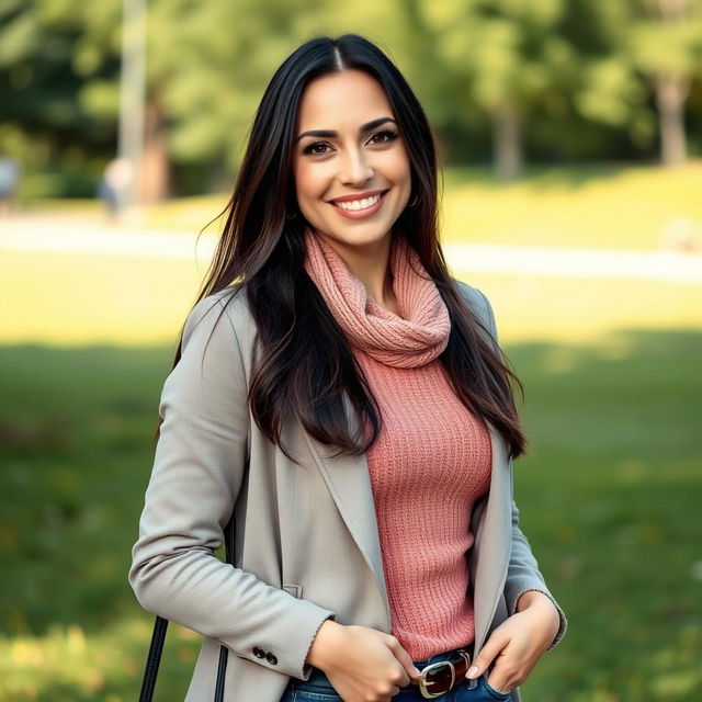 A beautiful 37-year-old woman of Polish descent, standing full-length, wearing stylish clothing