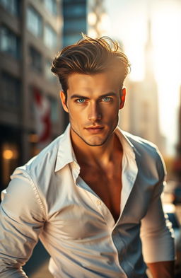 A handsome man with chiseled features, strong jawline, and piercing blue eyes