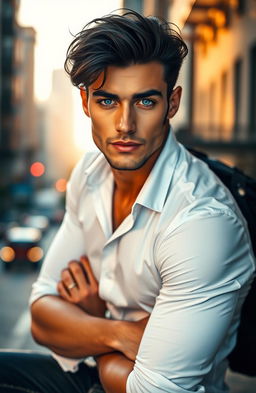 A handsome man with chiseled features, strong jawline, and piercing blue eyes