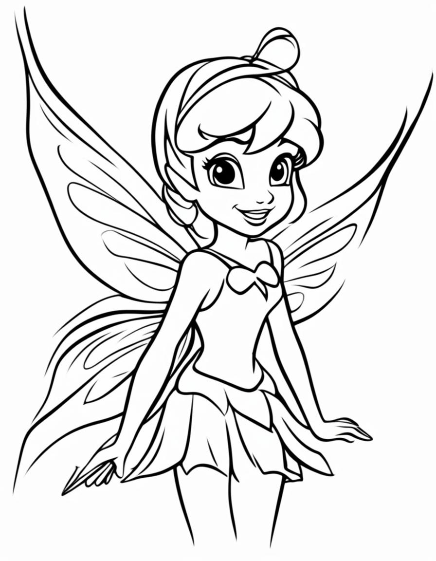 Simple coloring page featuring Peter Pan's pixie fairy, Tinkerbell, with no background.