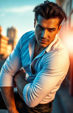 A handsome man with chiseled features, strong jawline, and piercing blue eyes