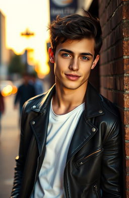 A handsome young man with chiseled features, wearing a fitted leather jacket and a stylish white shirt underneath