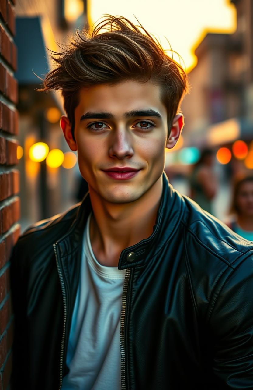 A handsome young man with chiseled features, wearing a fitted leather jacket and a stylish white shirt underneath