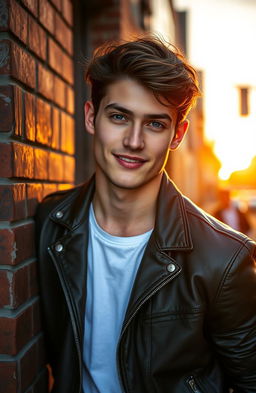 A handsome young man with chiseled features, wearing a fitted leather jacket and a stylish white shirt underneath