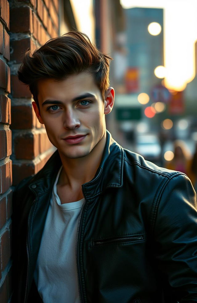 A handsome young man with chiseled features, wearing a fitted leather jacket and a stylish white shirt underneath