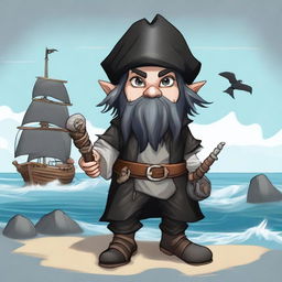 A gnome necromancer with black hair and dark eyes, dressed in a rogue pirate outfit