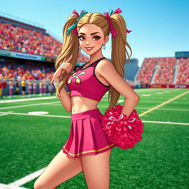 A glamorous and playful sissy cheerleader in a vibrant cheerleading outfit, complete with a short pleated skirt and a fitted crop top