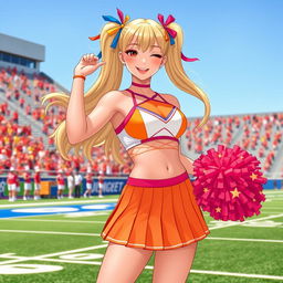 A glamorous and playful sissy cheerleader in a vibrant cheerleading outfit, complete with a short pleated skirt and a fitted crop top