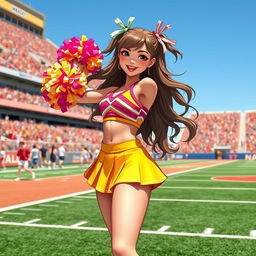 A glamorous and playful sissy cheerleader in a vibrant cheerleading outfit, complete with a short pleated skirt and a fitted crop top