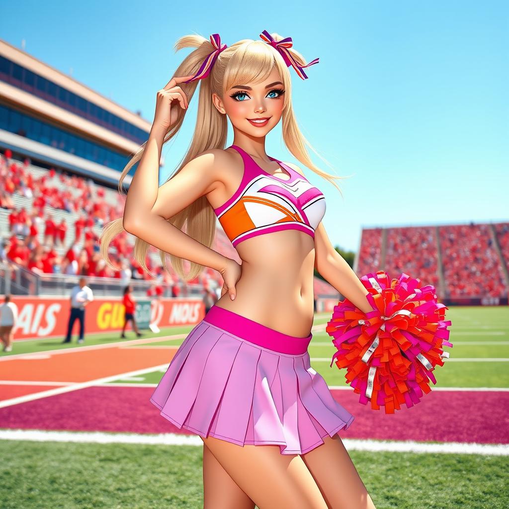 A glamorous and playful sissy cheerleader in a vibrant cheerleading outfit, complete with a short pleated skirt and a fitted crop top