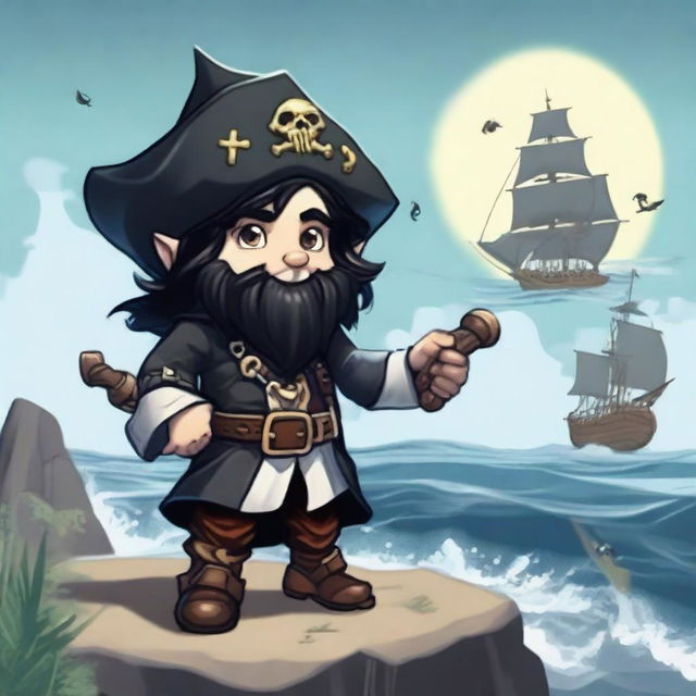 A gnome necromancer with black hair and dark eyes, dressed in a rogue pirate outfit