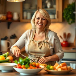 A 45-year-old American woman with light blonde hair and a slightly fuller figure, happily preparing dinner in a cozy kitchen
