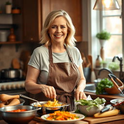 A 45-year-old American woman with light blonde hair and a slightly fuller figure, happily preparing dinner in a cozy kitchen