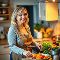 A 45-year-old American woman with light blonde hair and a slightly fuller figure, happily preparing dinner in a cozy kitchen