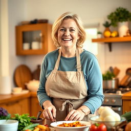 A 45-year-old American woman with light blonde hair and a slightly fuller figure, happily preparing dinner in a cozy kitchen