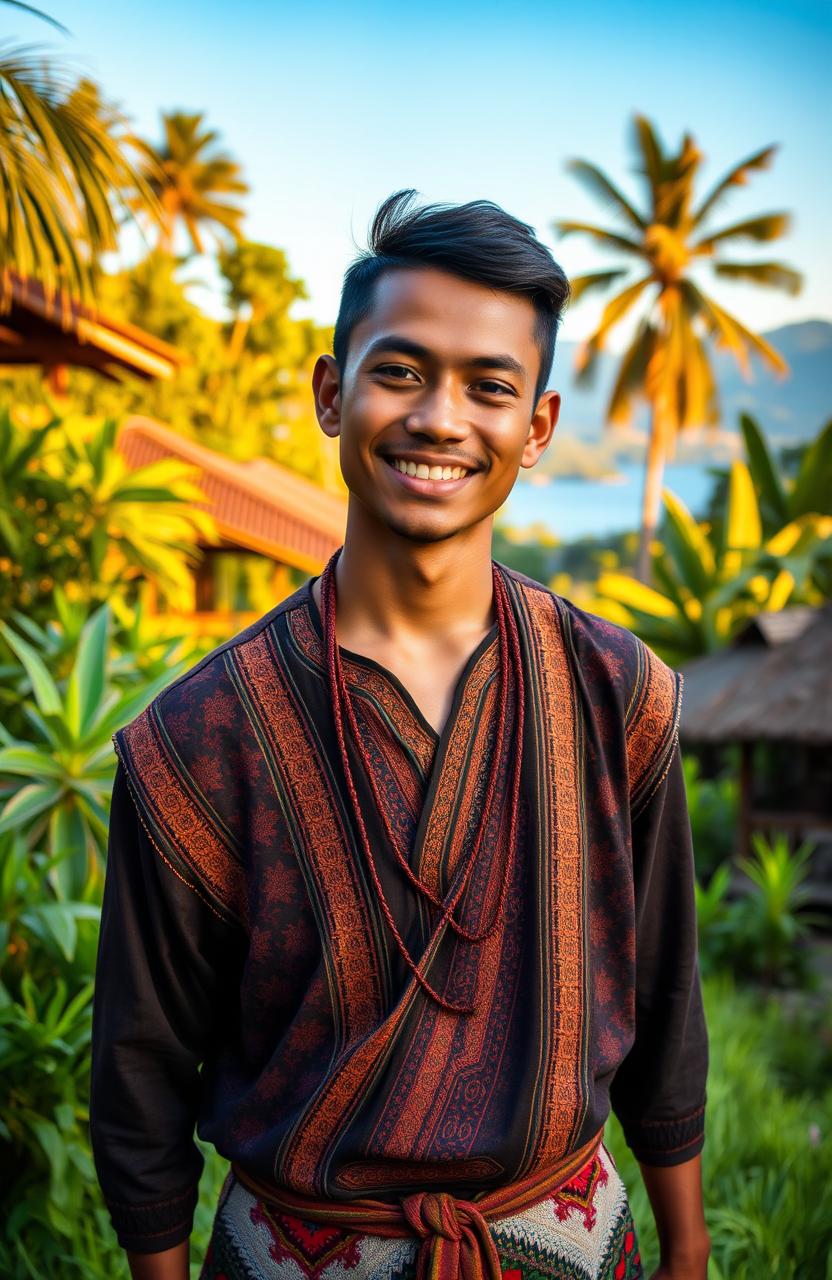 A charming and rugged young man from North Sumatera, Indonesia, standing tall amidst a lush tropical landscape