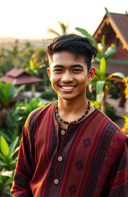A charming and rugged young man from North Sumatera, Indonesia, standing tall amidst a lush tropical landscape