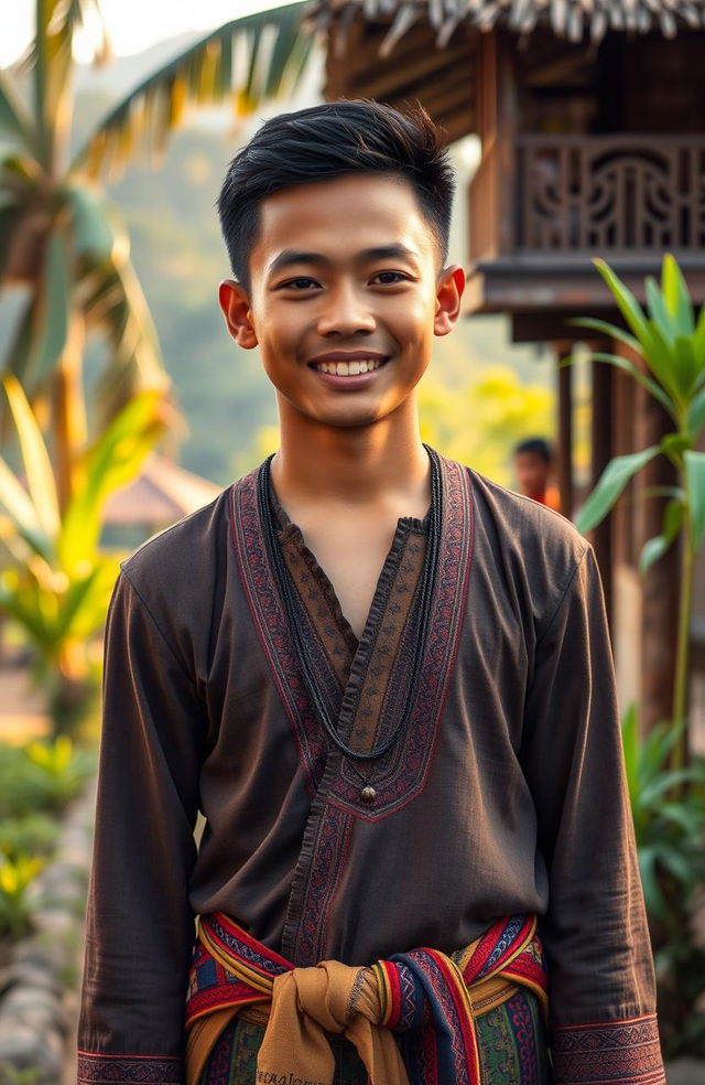 A charming and rugged young man from North Sumatera, Indonesia, standing tall amidst a lush tropical landscape