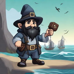 A gnome necromancer with black hair and dark eyes, dressed in a rogue pirate outfit