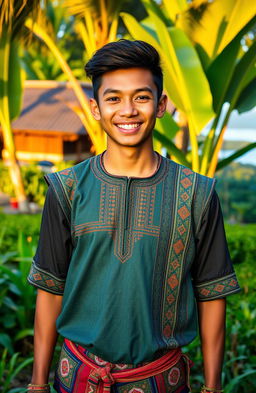 A charming and rugged young man from North Sumatera, Indonesia, standing tall amidst a lush tropical landscape