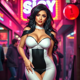 A glamorous and confident sissy character, dressed in a stylish, form-fitting outfit that accentuates their features