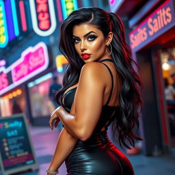 A glamorous and confident sissy character, dressed in a stylish, form-fitting outfit that accentuates their features