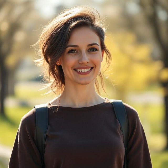 A full-length portrait of a charming 37-year-old woman from Poland, with light skin and an engaging smile