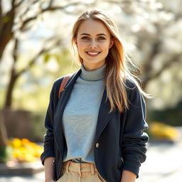 A full-length portrait of a charming 37-year-old woman from Poland, with light skin and an engaging smile