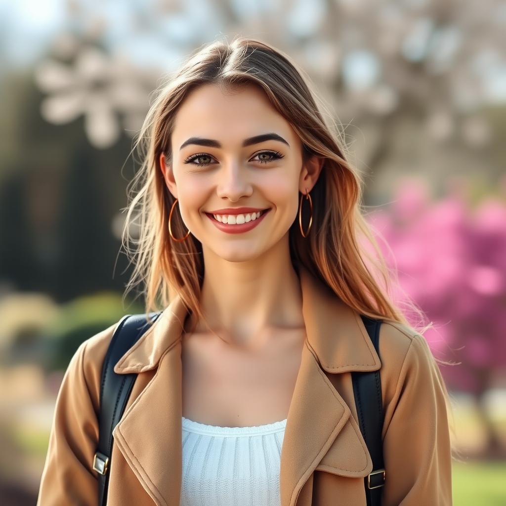 A full-length portrait of a charming 37-year-old woman from Poland, with light skin and an engaging smile