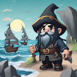 A gnome necromancer with black hair and dark eyes, dressed in a rogue pirate outfit