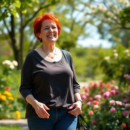 A 45-year-old American woman with vibrant red hair and a slightly fuller figure, enjoying a leisurely walk through a beautiful park