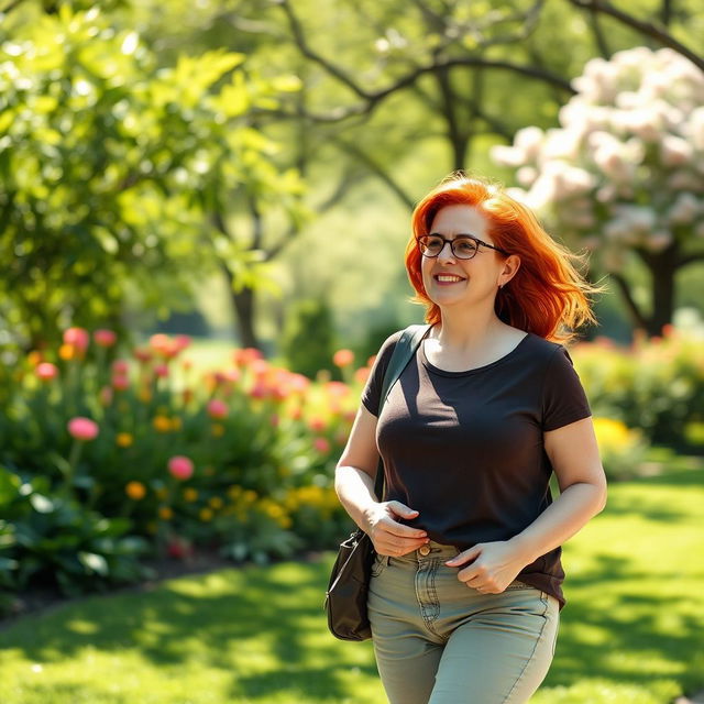 A 45-year-old American woman with vibrant red hair and a slightly fuller figure, enjoying a leisurely walk through a beautiful park