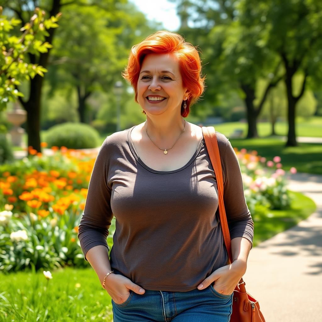 A 45-year-old American woman with vibrant red hair and a slightly fuller figure, enjoying a leisurely walk through a beautiful park