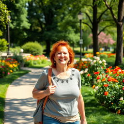 A 45-year-old American woman with vibrant red hair and a slightly fuller figure, enjoying a leisurely walk through a beautiful park