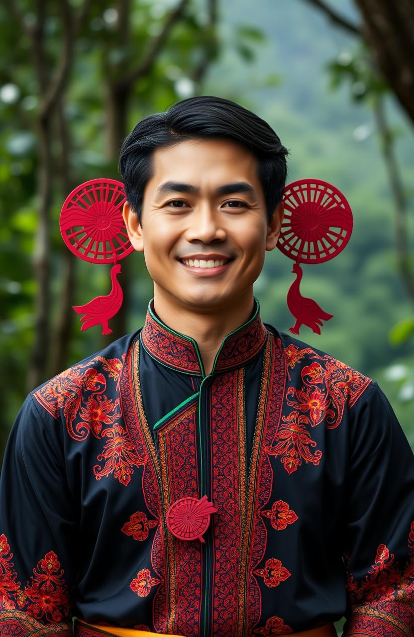 A proud Bataknese man dressed in traditional attire, showcasing intricate patterns and vibrant colors typical of Bataknese culture