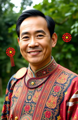 A proud Bataknese man dressed in traditional attire, showcasing intricate patterns and vibrant colors typical of Bataknese culture