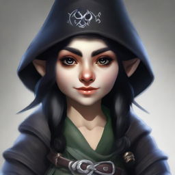 A realistic portrait of a female gnome necromancer, showing black hair and dark eyes