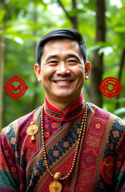A proud Bataknese man dressed in traditional attire, showcasing intricate patterns and vibrant colors typical of Bataknese culture