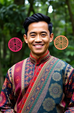 A proud Bataknese man dressed in traditional attire, showcasing intricate patterns and vibrant colors typical of Bataknese culture
