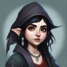 A realistic portrait of a female gnome necromancer, showing black hair and dark eyes