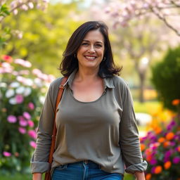 A 45-year-old American woman with dark hair and a slightly fuller figure, confidently walking through a beautiful park