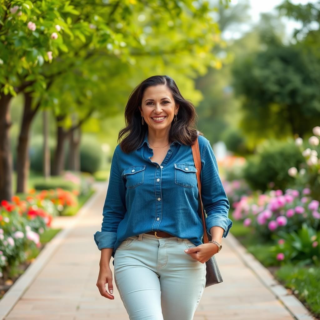 A 45-year-old American woman with dark hair and a slightly fuller figure, confidently walking through a beautiful park