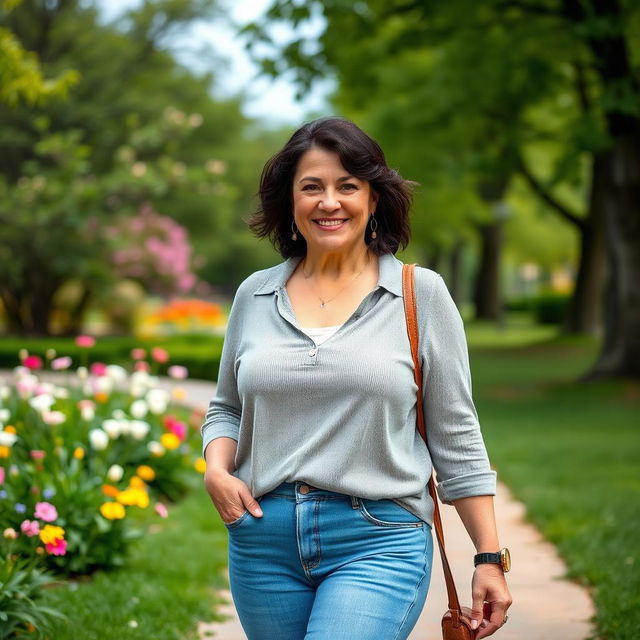 A 45-year-old American woman with dark hair and a slightly fuller figure, confidently walking through a beautiful park