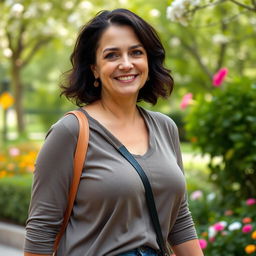 A 45-year-old American woman with dark hair and a slightly fuller figure, confidently walking through a beautiful park
